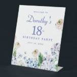 Hydrangea Rose 18th Birthday Party Welcome Sign<br><div class="desc">A beautiful welcome sign with the Wow factor that will impress your guests. Soft dusty blue and purple hydrangeas mix with soft blush white and pink wild roses. The birthday celebrant's name is written in an easy-to-read script font. the Birthday year and date follow in a bold traditional serif font....</div>