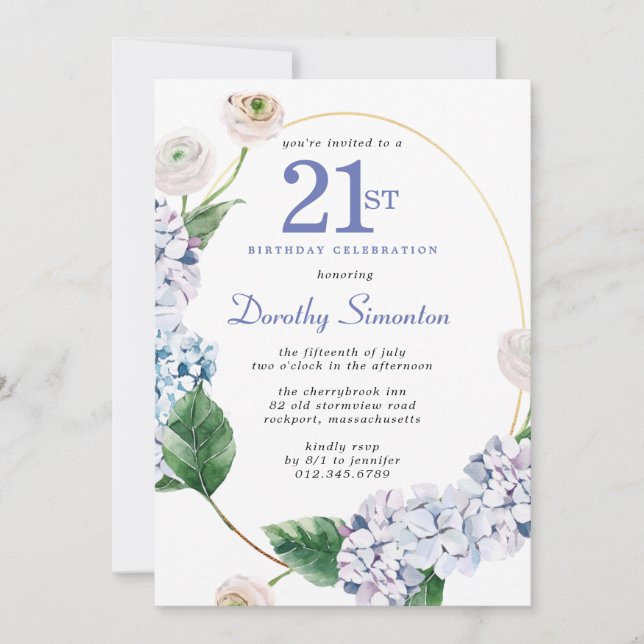 Hydrangea Rose 21st Birthday Party  Invitation (Front)