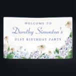 Hydrangea Rose 21st Birthday Welcome Banner<br><div class="desc">A beautiful welcome sign with the Wow factor that will impress your guests. Soft dusty blue and purple hydrangeas mix with soft blush white and blush white wild roses. The birthday celebrant's name is written in an easy-to-read script font. the Birthday year follows in a bold traditional serif font. All...</div>