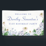 Hydrangea Rose 21st Birthday Welcome Banner<br><div class="desc">A beautiful welcome sign with the Wow factor that will impress your guests. Soft dusty blue and purple hydrangeas mix with soft blush white and blush white wild roses. The birthday celebrant's name is written in an easy-to-read script font. the Birthday year follows in a bold traditional serif font. All...</div>