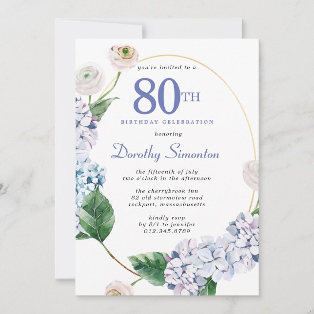 Hydrangea Rose 80th Birthday Party  Invitation (Front)