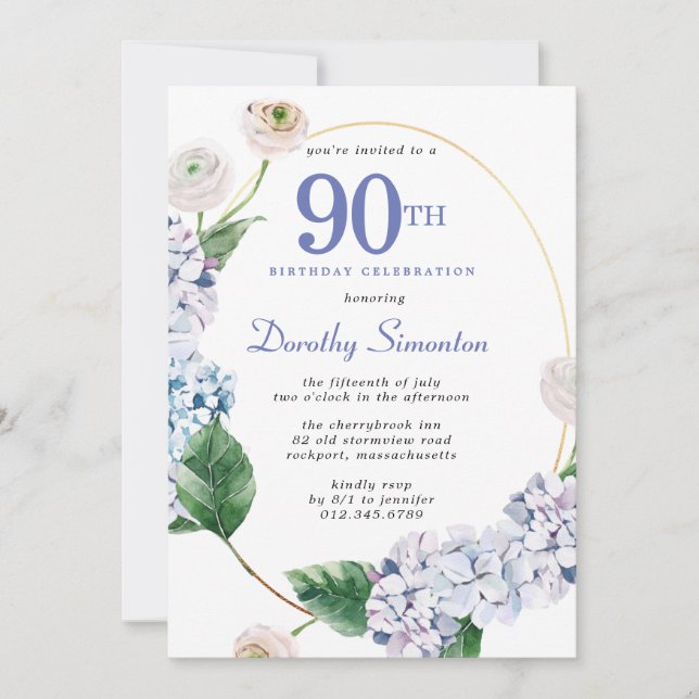 Hydrangea Rose 90th Birthday Party  Invitation (Front)