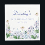Hydrangea Rose 90th Birthday Personalised Custom Napkin<br><div class="desc">New for Summer 2024. Soft dusty blue and purple hydrangeas mix with soft blush white and wild roses. The birthday celebrant's name is written in an easy-to-read script font. the Birthday year and date follow in a bold traditional serif font. All of the text is editable so you can customise...</div>