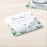 Hydrangea Rose 90th Birthday Personalised Custom Paper Coaster<br><div class="desc">New for Summer 2024. Soft dusty blue and purple hydrangeas mix with soft blush white and wild roses. The birthday celebrant's name is written in an easy-to-read script font. the Birthday year and date follow in a bold traditional serif font. All of the text is editable so you can customise...</div>