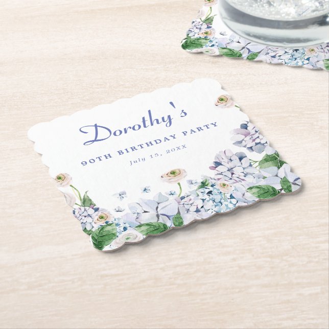 Hydrangea Rose 90th Birthday Personalised Custom Paper Coaster (Angled)