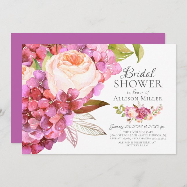 Hydrangea Rose Floral Bridal Shower Invitations (Front/Back)