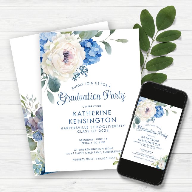 Hydrangea Rose Floral Graduation Party Invitation (Creator Uploaded)