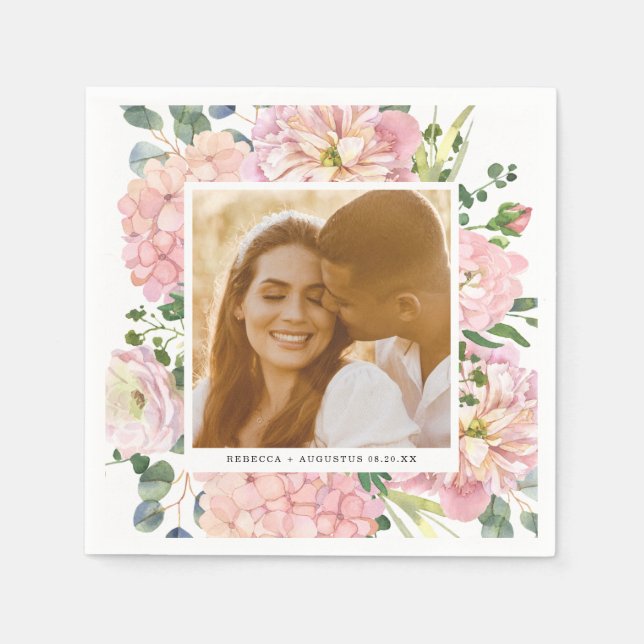 Hydrangea Rose Pink Watercolor Floral Photo Napkin (Front)