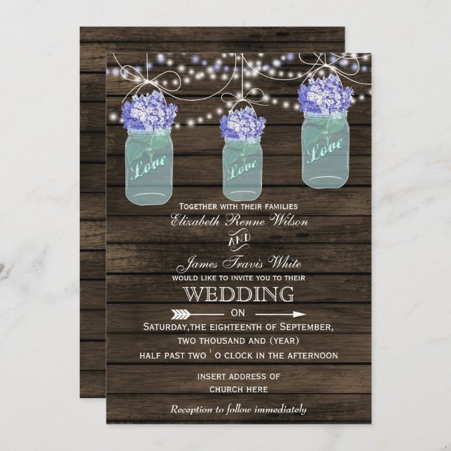 hydrangea Rustic mason jar wedding invitations (Front/Back)