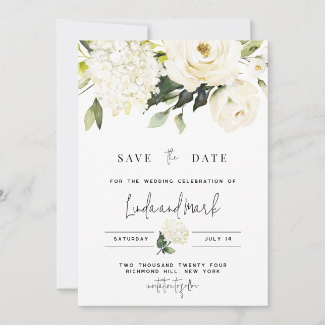 Hydrangea Save the Date Template, White Roses Invitation (Front)