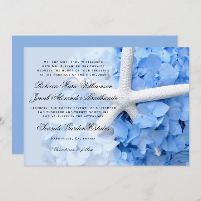 Hydrangea Starfish Parents Names Wedding Invite (Front/Back)