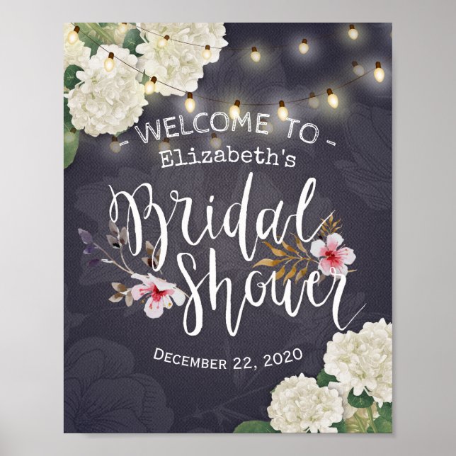 Hydrangea String Lights Bridal Shower Welcome Sign (Front)