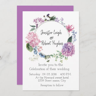 Hydrangea ultra violet flower wreath wedding invitation