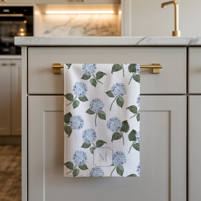 Hydrangea Watercolor Flowers Blue Tea Towel (Hydrangea Bloom Blue Kitchen Towel)