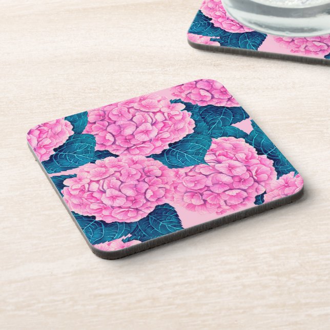 Hydrangea watercolor pattern, pink and blue coaster (Left Side)