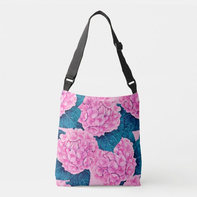 Hydrangea watercolor pattern, pink and blue crossbody bag (Front)