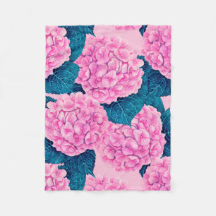Hydrangea watercolor pattern, pink and blue fleece blanket