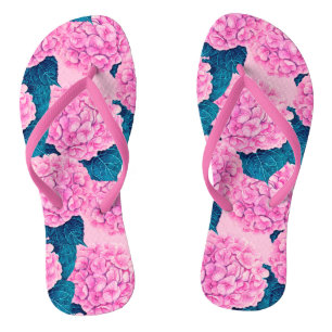 Hydrangea watercolor pattern, pink and blue jandals