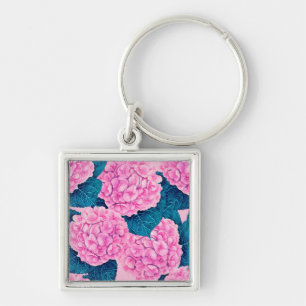 Hydrangea watercolor pattern, pink and blue key ring