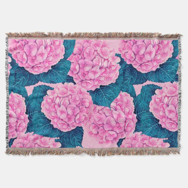 Hydrangea watercolor pattern, pink and blue throw blanket (Front)