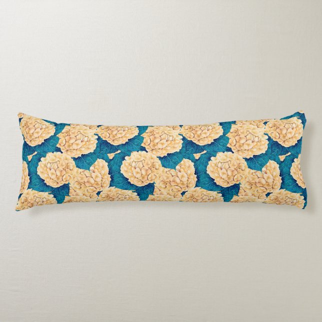 Hydrangea watercolor pattern, yellow and blue body cushion (Front)