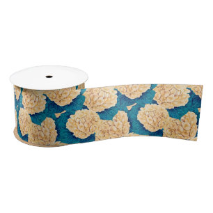 Hydrangea watercolor pattern, yellow and blue satin ribbon
