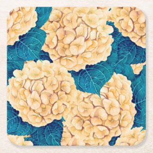 Hydrangea watercolor pattern, yellow and blue square paper coaster