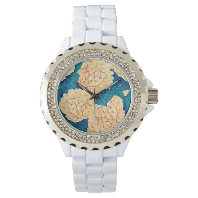 Hydrangea watercolor pattern, yellow and blue watch (Front)