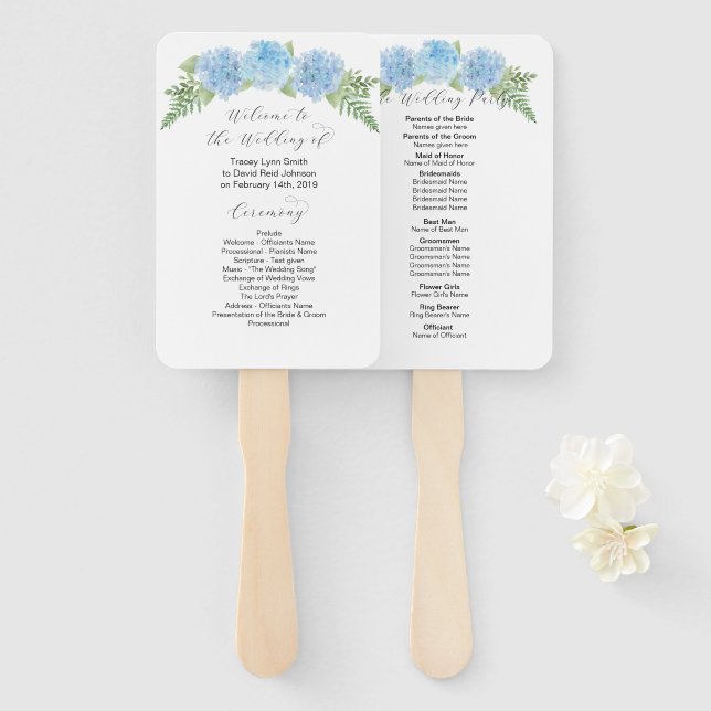 Hydrangea Wedding Program Fans (Front and Back)