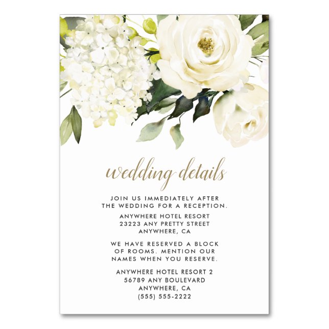 Hydrangea White Gold Floral Wedding Enclosure Card (Front)