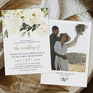 Hydrangea White Rose Garden Greenery Photo Wedding Invitation