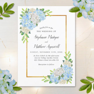 Hydrangea White Rose Gold Watercolor Wedding Invitation