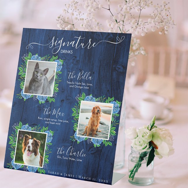 Hydrangea Wood Wedding 3 Photo Pet Signature Drink Pedestal Sign (Creator Uploaded)