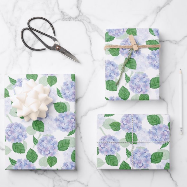 Hydrangea Wrapping Paper, Blue Floral Gift Wrap (Front)
