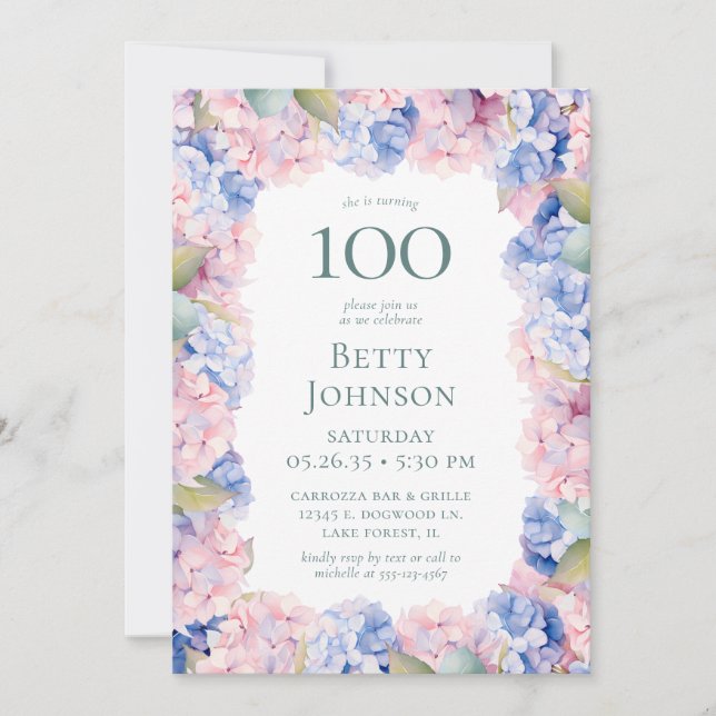 Hydrangeas 100th Birthday Party Invitation (Front)