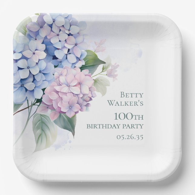 Hydrangeas 100th Birthday Party Paper Plate (Front)