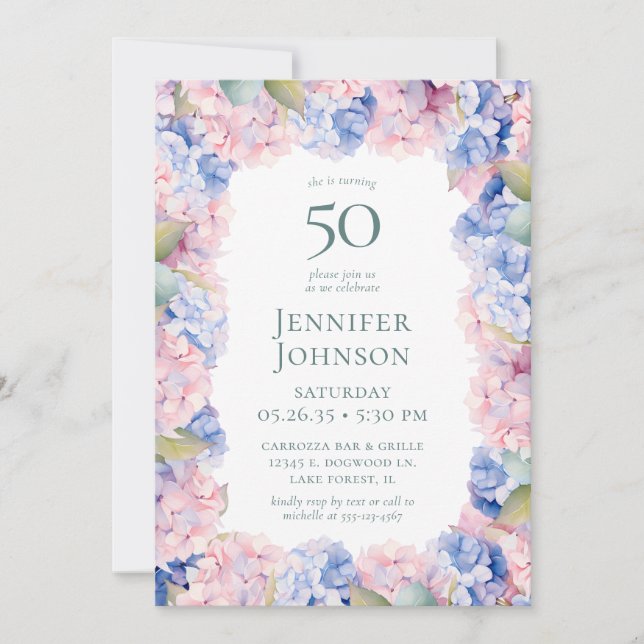 Hydrangeas 50th Birthday Party Invitation (Front)