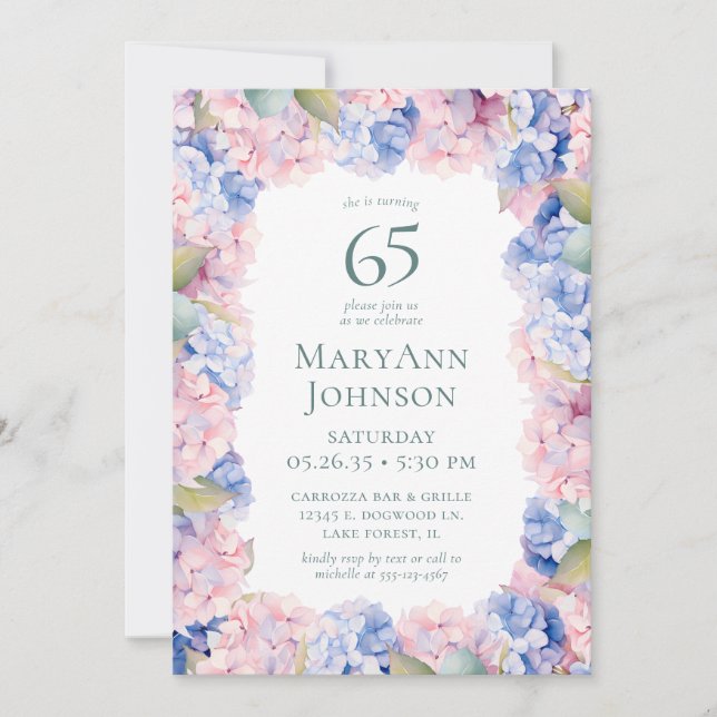 Hydrangeas 65th Birthday Party Invitation (Front)
