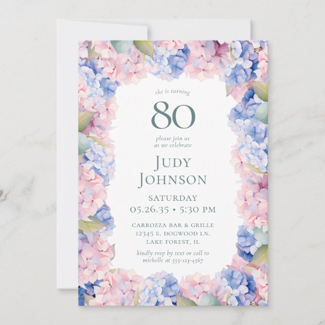Hydrangeas 80th Birthday Party Invitation (Front)