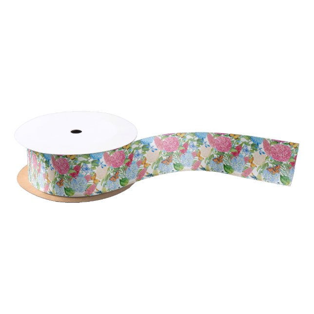 Hydrangeas and butterflies Dragonfly tiled Wedding Satin Ribbon (Spool)
