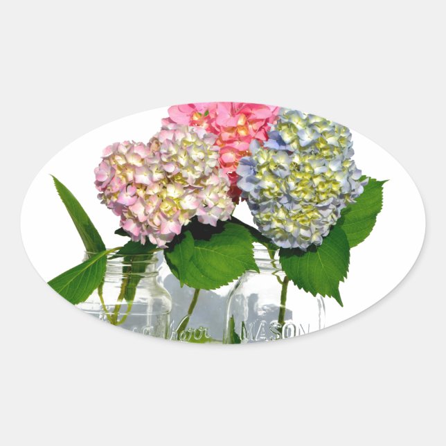 Hydrangeas and Mason jar Oval Sticker (Front)