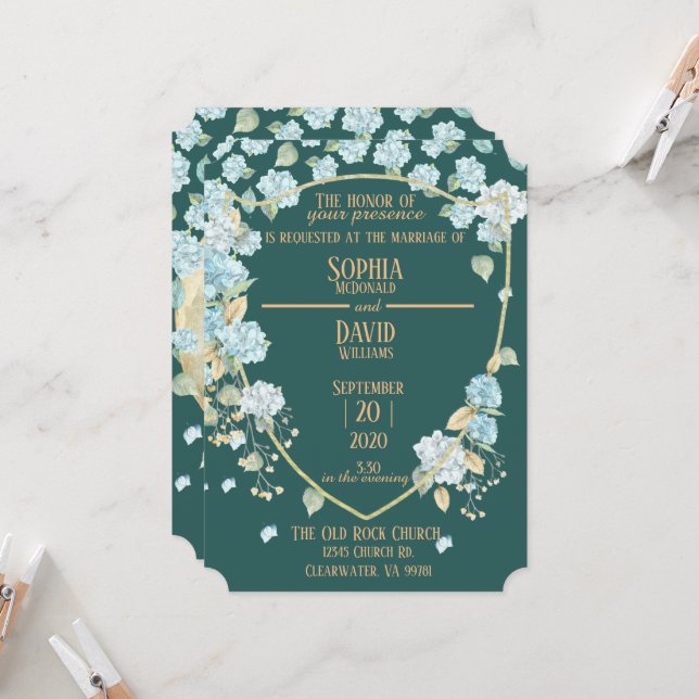 Hydrangeas at Moonlight Wedding Invitations (Front/Back In Situ)