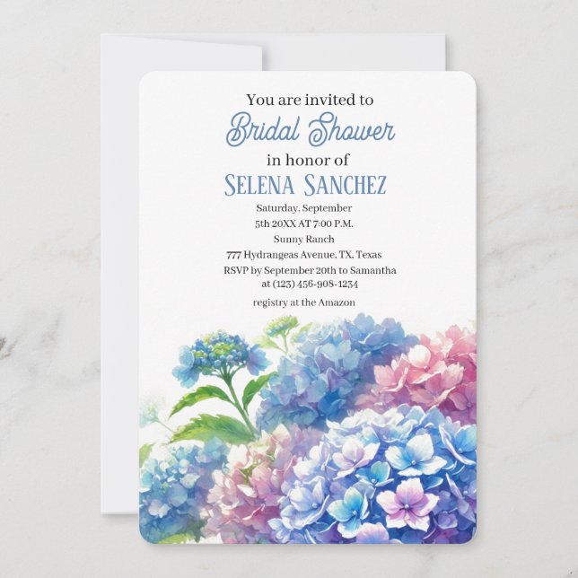 Hydrangeas Blue Floral Watercolor Bridal Shower  Invitation (Front)