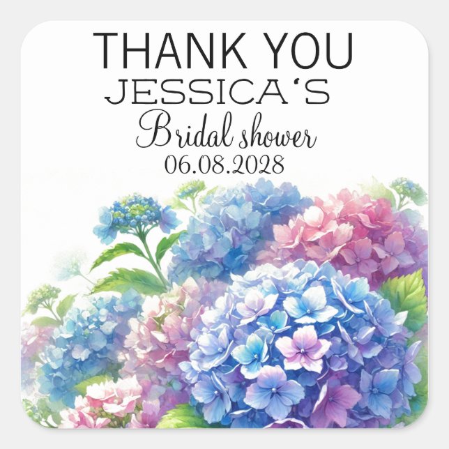 Hydrangeas Blue Flowers  Bridal Shower Party Square Sticker (Front)