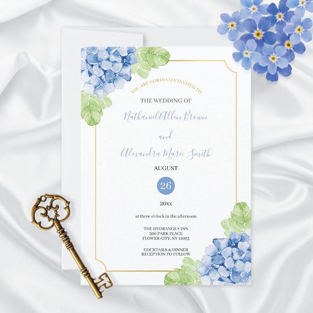 Hydrangeas Blue Gold Frame Wedding Invitation (Creator Uploaded)