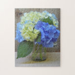 Hydrangeas Blue Mason Jar Floral Photography Jigsaw Puzzle<br><div class="desc">A mason jar of blue hydrangeas over a barn wood and burlap background.</div>