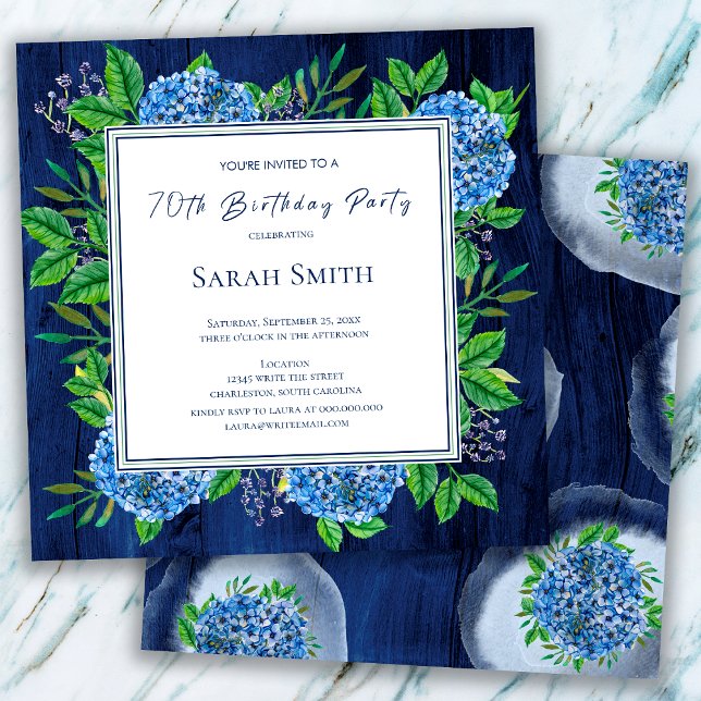 Hydrangeas Blue Rustic Wood 70th Birthday Party Invitation (Creator Uploaded)