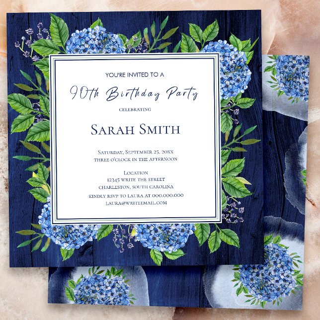Hydrangeas Blue Rustic Wood 90th Birthday Party Invitation (Creator Uploaded)
