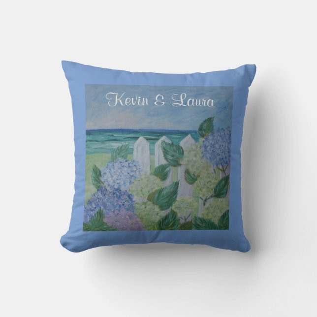 Hydrangeas By The Beach Wedding Cushion (Front)