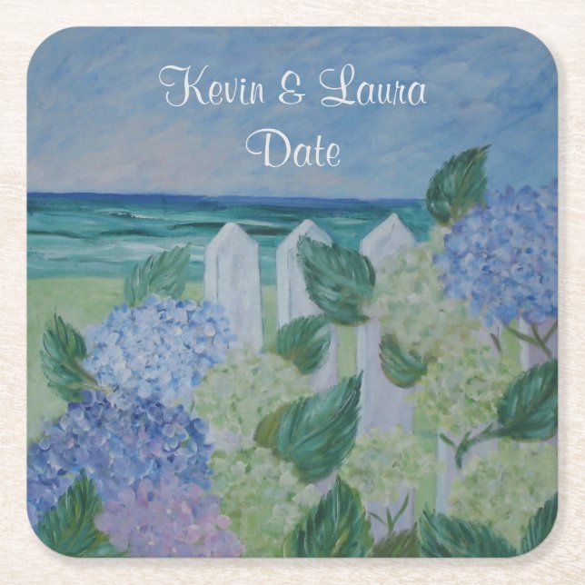 Hydrangeas By The Beach Wedding Square Paper Coaster (Front)